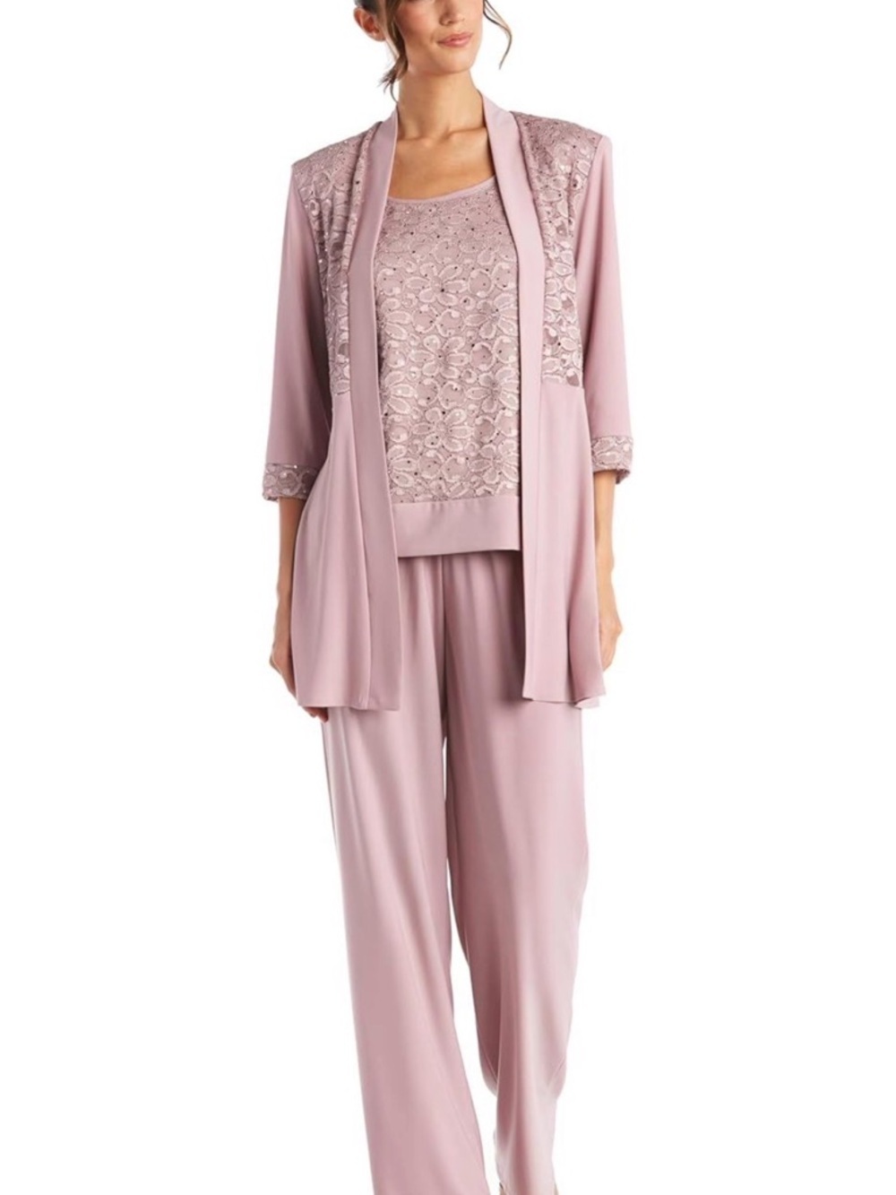 Lace Trim Two-Piece Pant Set in Dusty Rose